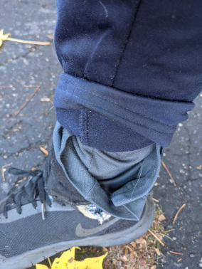 ski socks, anke protector and 2 layers of nylon pants